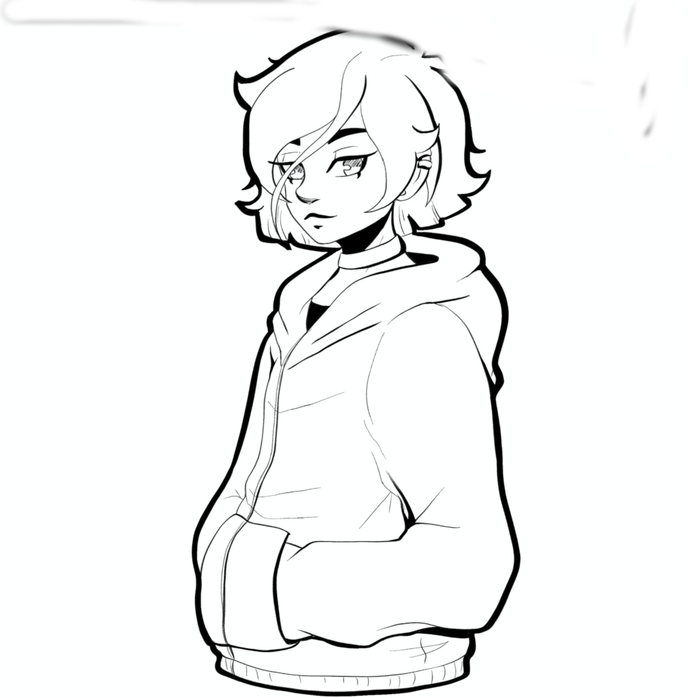"Manga-Charakterdesign: Schwarz-Weiß-Linienzeichnung einer jungen Person mit schulterlangem, welligem Haar und Pony, die nach hinten schaut. Sie trägt ein lockeres Langarmshirt oder Hemd mit langen Ärmeln. Die Illustration zeigt den charakteristischen Manga-Stil mit großen, ausdrucksstarken Augen und feinen Linienstrichen."