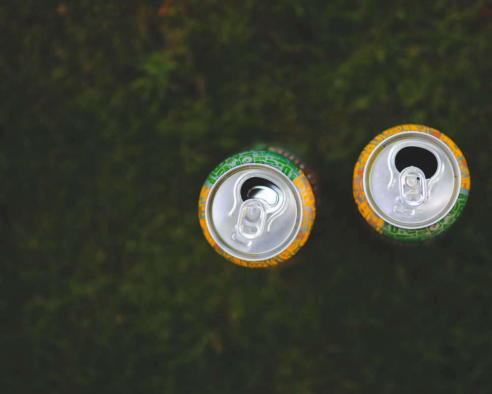 Zwei Energy Drinks in Dosen von oben fotografiert in einer Wiese