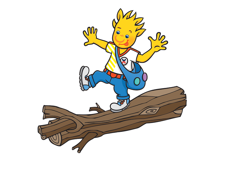 Maskottchen Holli balanciert auf einem Baumstamm