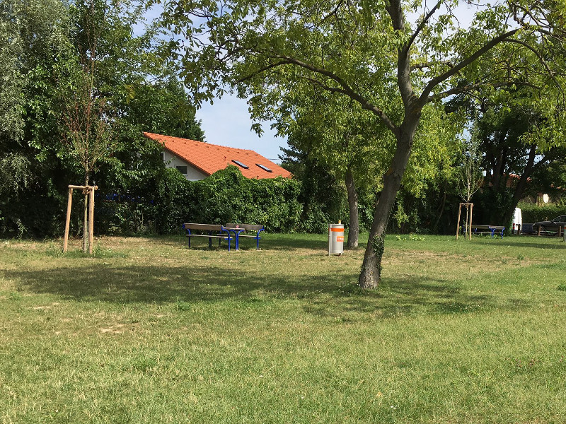 Wiese mit keineren Bäumen und Tisch-Bank Kombination, im Hintergrund ein Haus