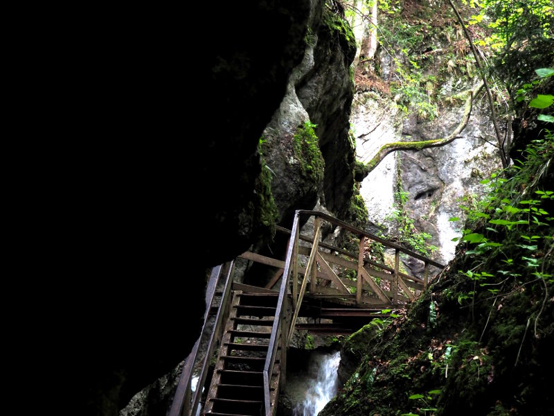 Holzgehweg mir Treppen neben Wasserfall und Felsen