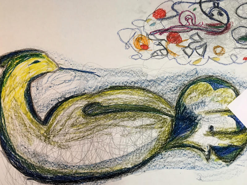 Ein Bild, an dem mehrere Menschen gemalt haben. es sieht aus wie ein Fantasie-Vogel