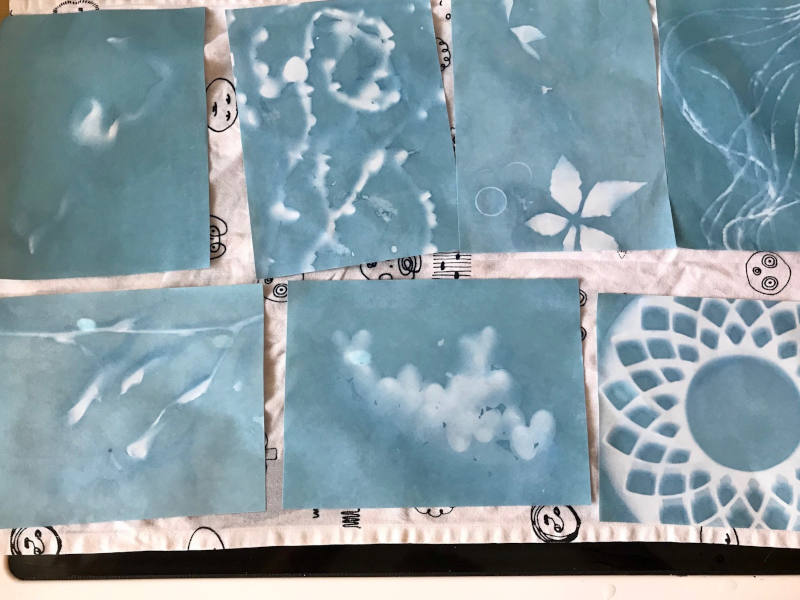 Blaue Solarpapier-Blätter die auf Zeitungspapier trocknen