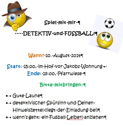 Die Einladung mit einem lustigen Gesicht drauf und Text in unterschiedlicher Farbe