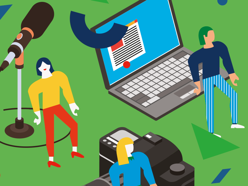 Eine abstrakte Illustration von drei Menschen mit riesigen Objekten - einem Mikrofon, einem Laptop und einer Fotokamera.