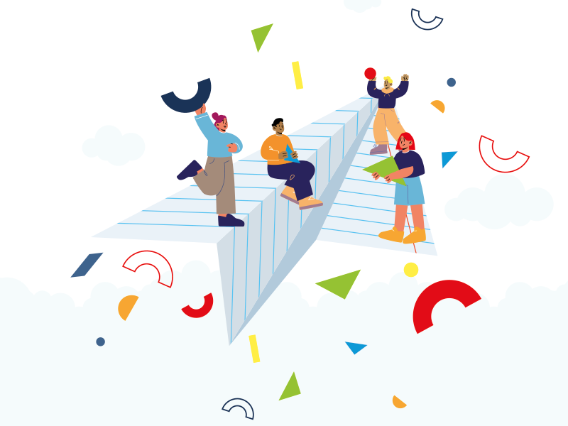 Illustration mit vier Figuren auf einem Papierflieger, drumherum bunte Elemente