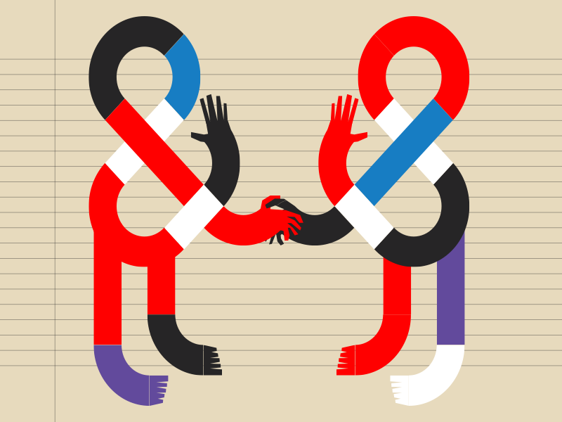 creme-farbener HIntergrund. Illustration von 2 mehrfarbigen Und-Zeichen, die einander die Hände reichen.