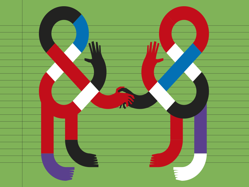 grüner HIntergrund. Illustration von 2 mehrfarbigen Und-Zeichen, die einander die Hände reichen.