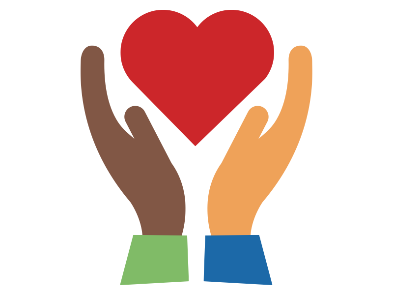 Illustration von zwei verschieden farbigen Händen, die ein rotes Herz halten