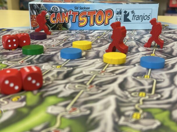 Can't Stop Schachtel und Spielaufbau vom Spiel Can't Stop