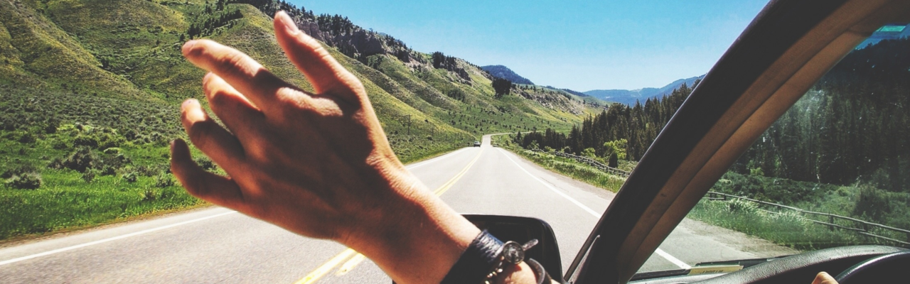 Hand die aus dem Fenster eines Autos gestreckt wird auf einer Straße in der Natur