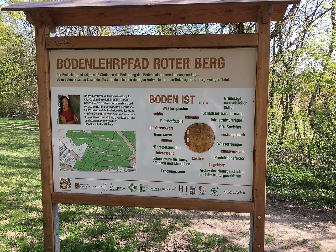 Erste Bodenlehrpfad-Tafel, auf der ein Überblick über die 13 Stationen gegeben wird, warum Boden so wichtig uns schützenswert ist.