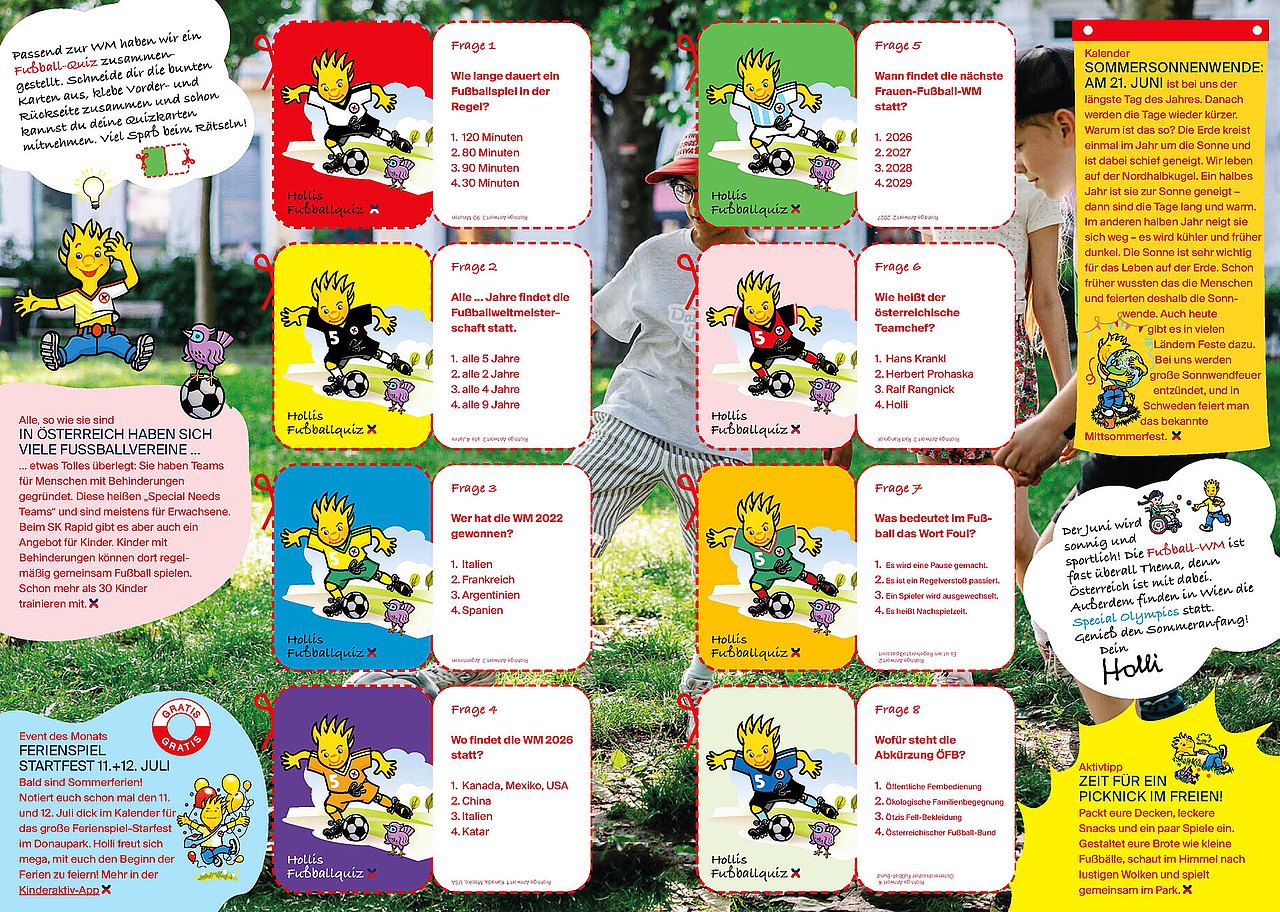 Buntes Poster mit vielen Fußball-Quizkarten zum Ausschneiden: Holli in verschiedenfarbigen Fußball-Trikots, im Hintergrund Kinder auf der Wiese beim Ball spielen, viele Tipps in bunten Feldern.