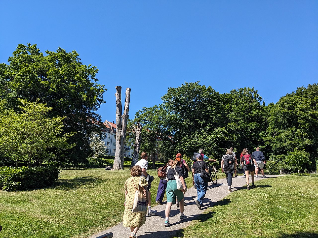 Eine Gruppe von Menschen geht einen Pfad entlang durch eine grüne Wiese, im Hintergrund sind Bäume und ein blauer Himmel zu sehen.
