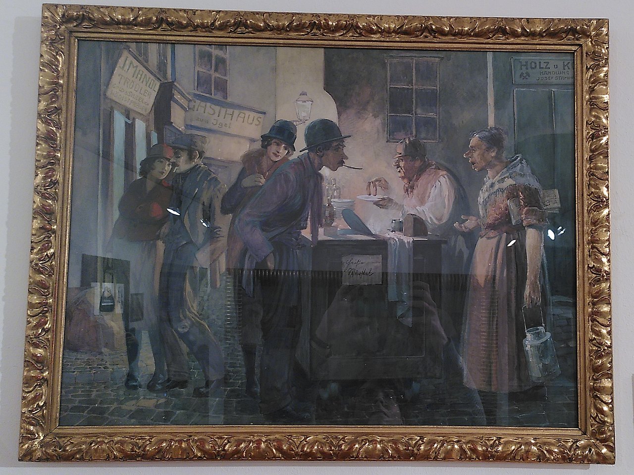 Gemälde eines Würstelstandes um 1925.