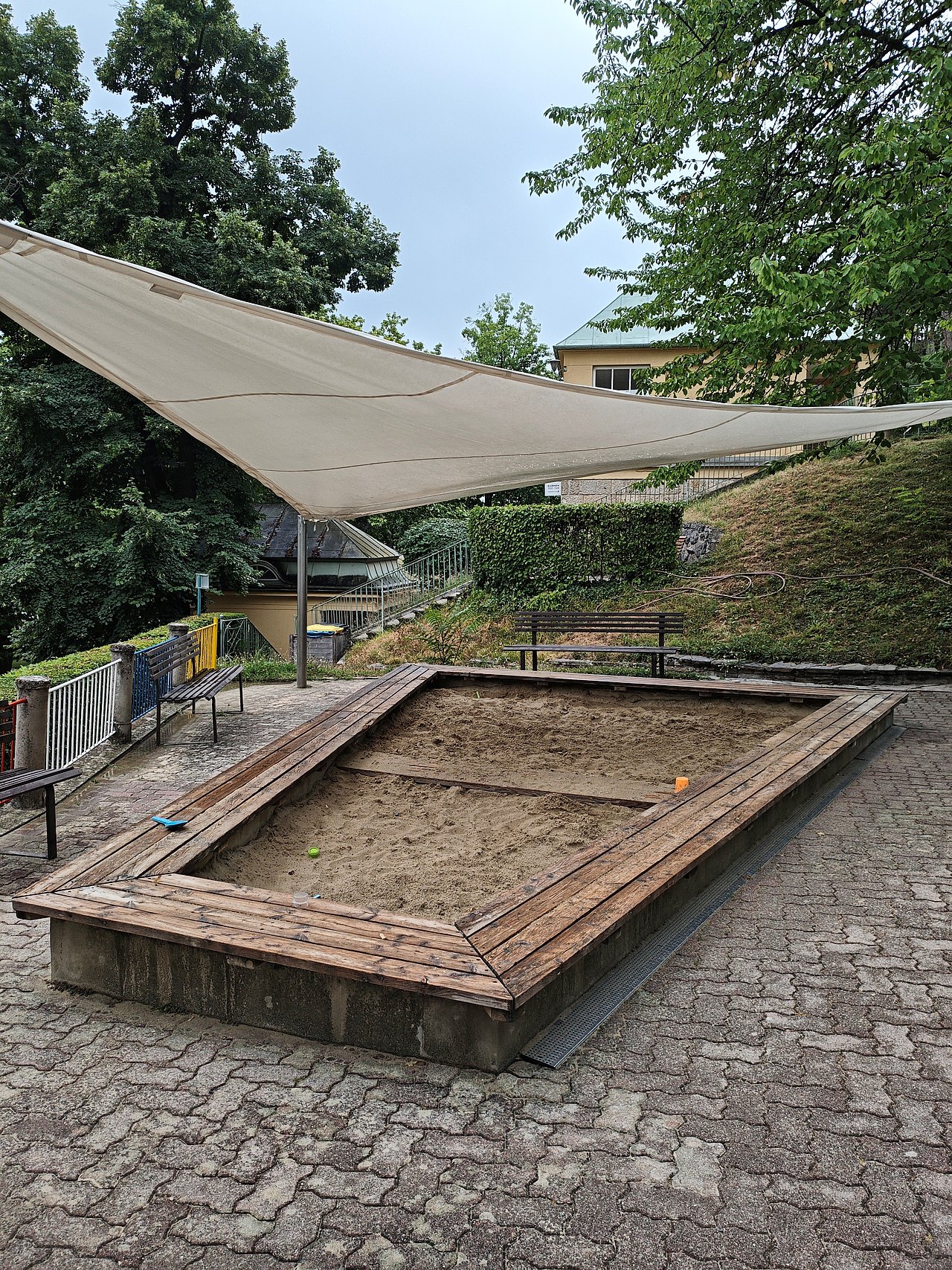 Das Bild zeigt die Sandkiste mit Sonnensegel im Kleinkinderspielbereich.