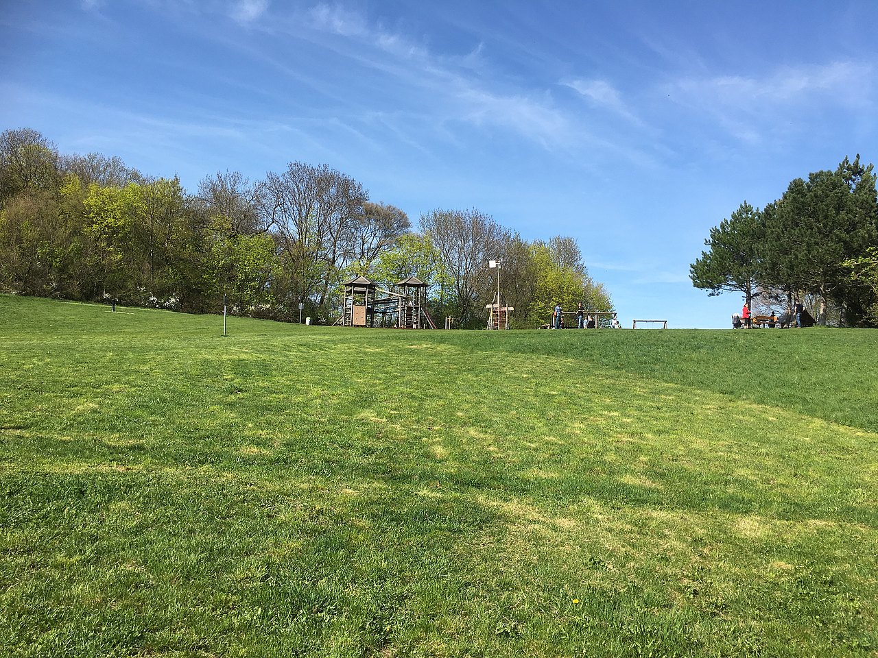 Blick von unten über eine saftige grüne Wiese auf den Spielplatz Roter Berg West, der am Hügel oben liegt