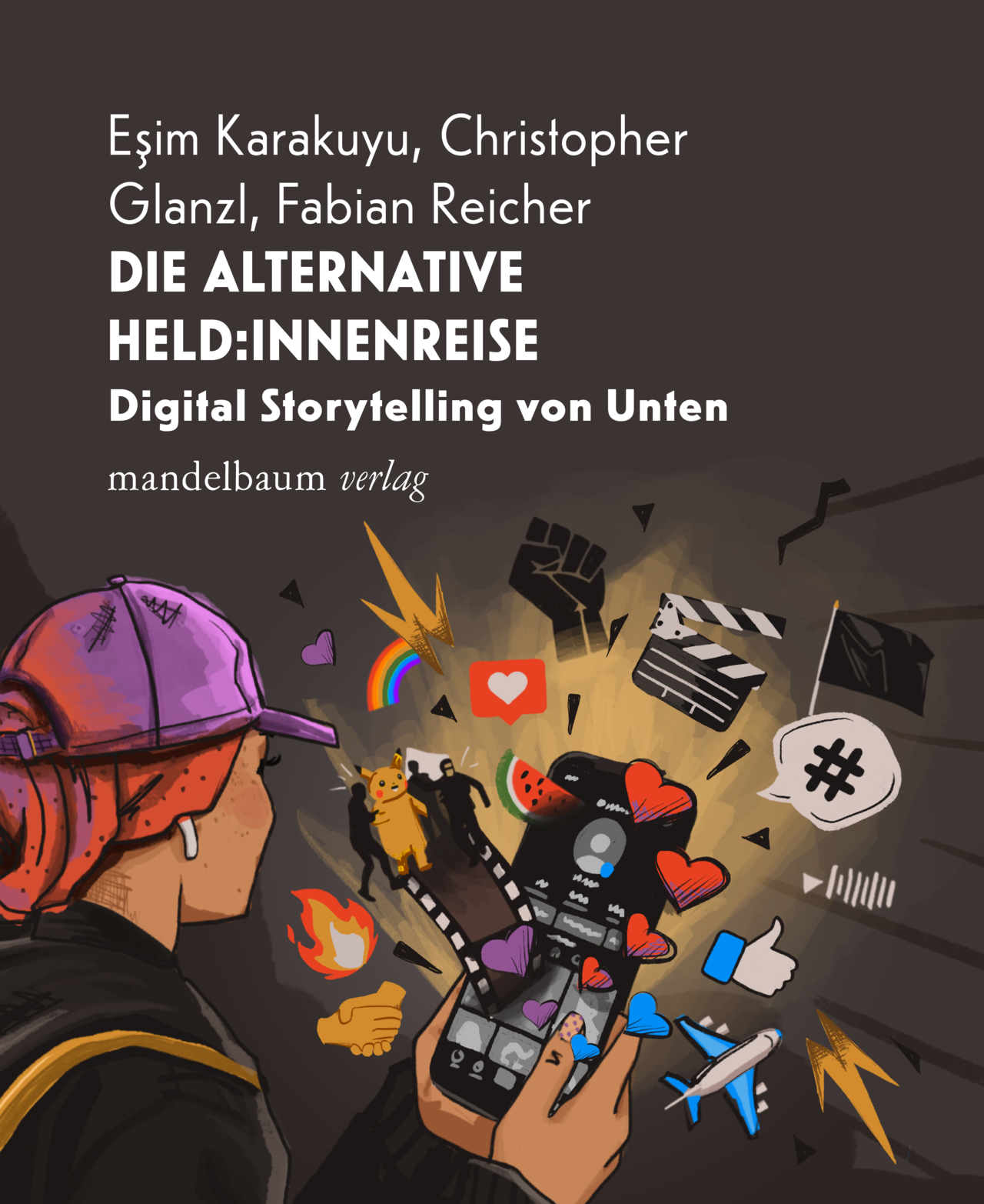 Buchcover: Unter dem Titel des Buches hält eine Person ein Smartphone in der Hand. 